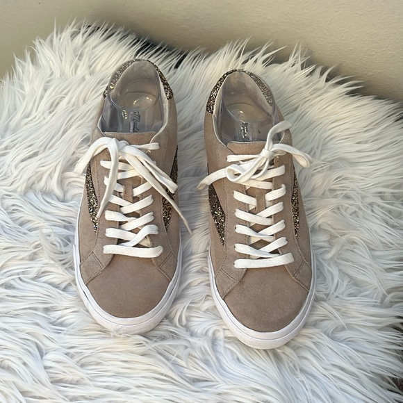 Madewell Sidewalk Low-Top Sneakers in Glitter-Accented Tan Suede Size 10 - Picture 1 of 16